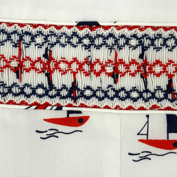 Edgehill Collection Smocked Jon Jon Romper Baby Boy Size 9 Mo Nautical Sail Boat - Picture 3 of 7